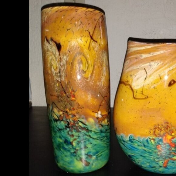 JOHN FIELDS 'SEDONA' Signed 2000 Hand Blown Studio Art Glass Cylinder Vase - Picture 1 of 12